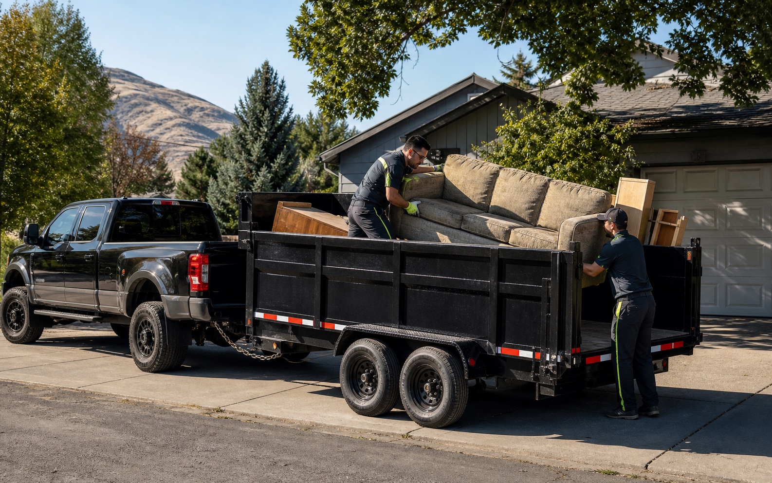 Junk removal crew loading a sofa into a dump trailer attached to a heavy-duty pickup