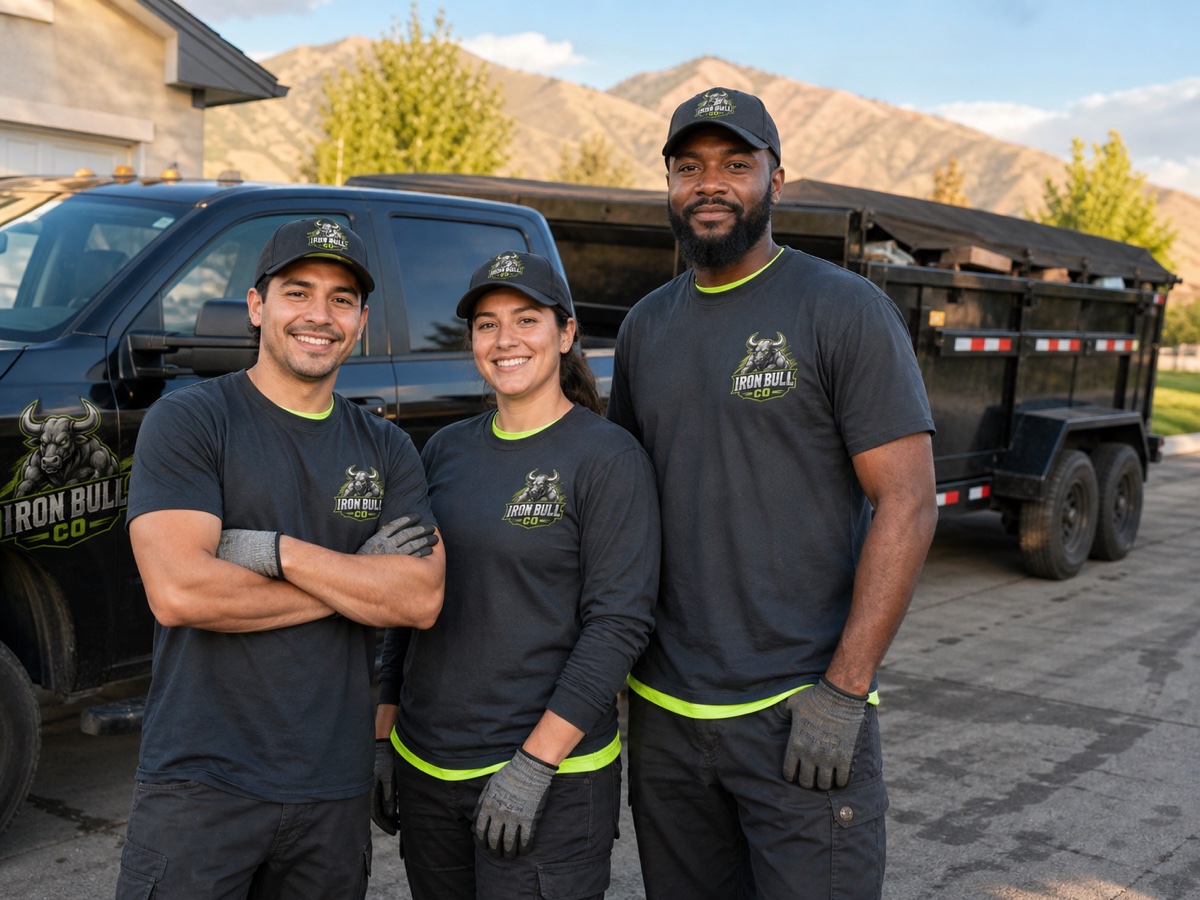 Three Iron Bull crew members beside their branded truck and dump trailer