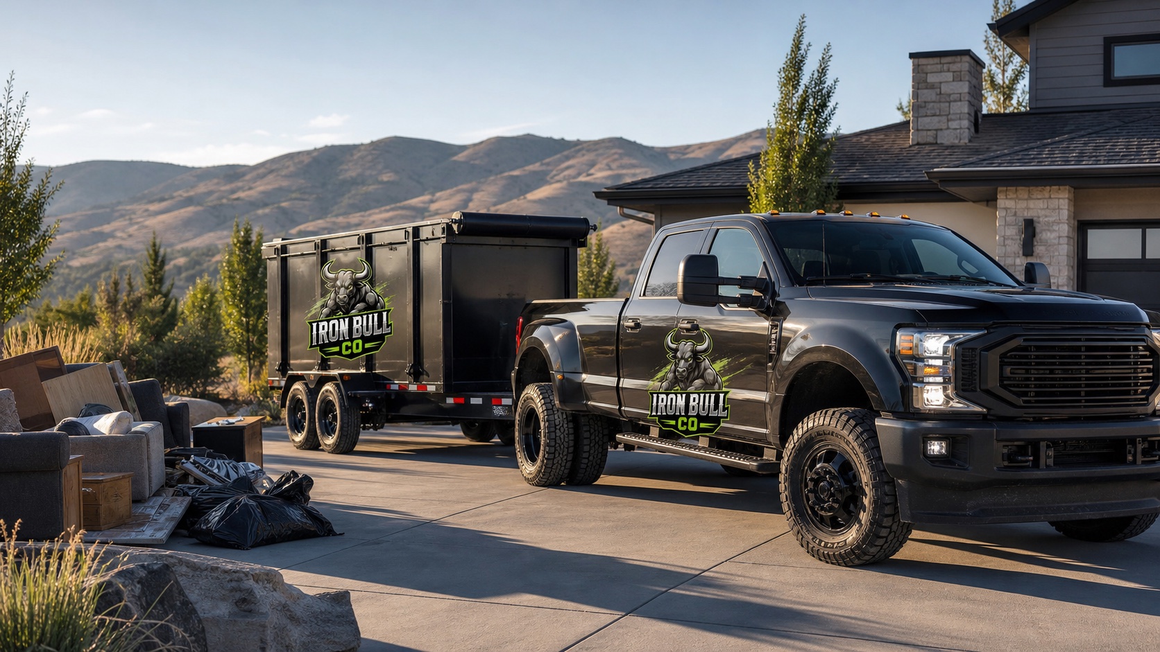 Branded Iron Bull truck and dump trailer arriving for a residential junk removal