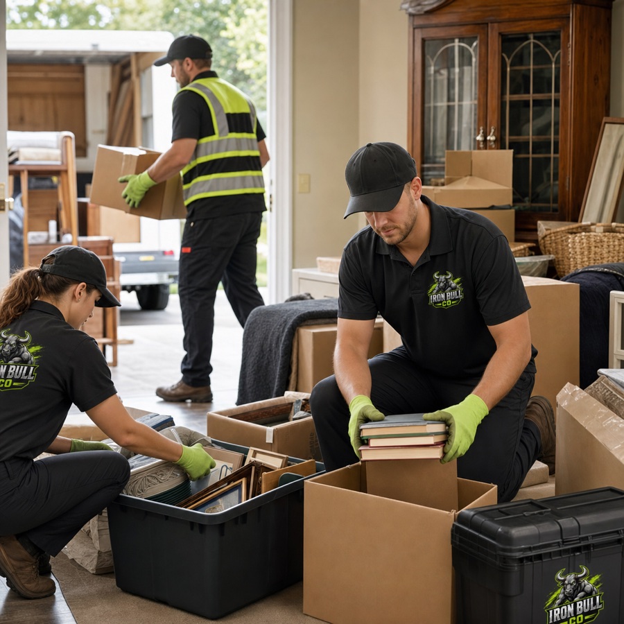 Iron Bull crew carefully sorting household items during an estate cleanout