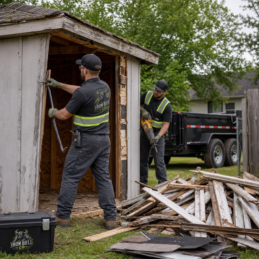 Iron Bull crew dismantling an old backyard shed