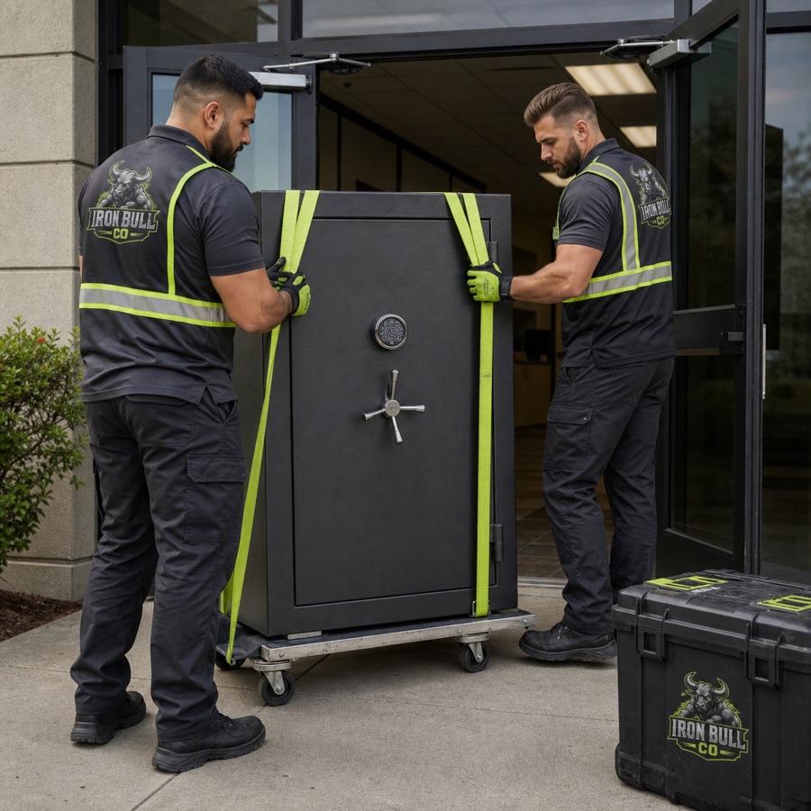 Iron Bull crew moving a heavy safe with lifting equipment