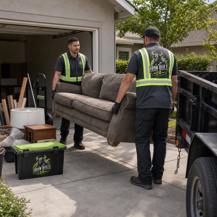 Iron Bull crew removing a sofa from a residential garage